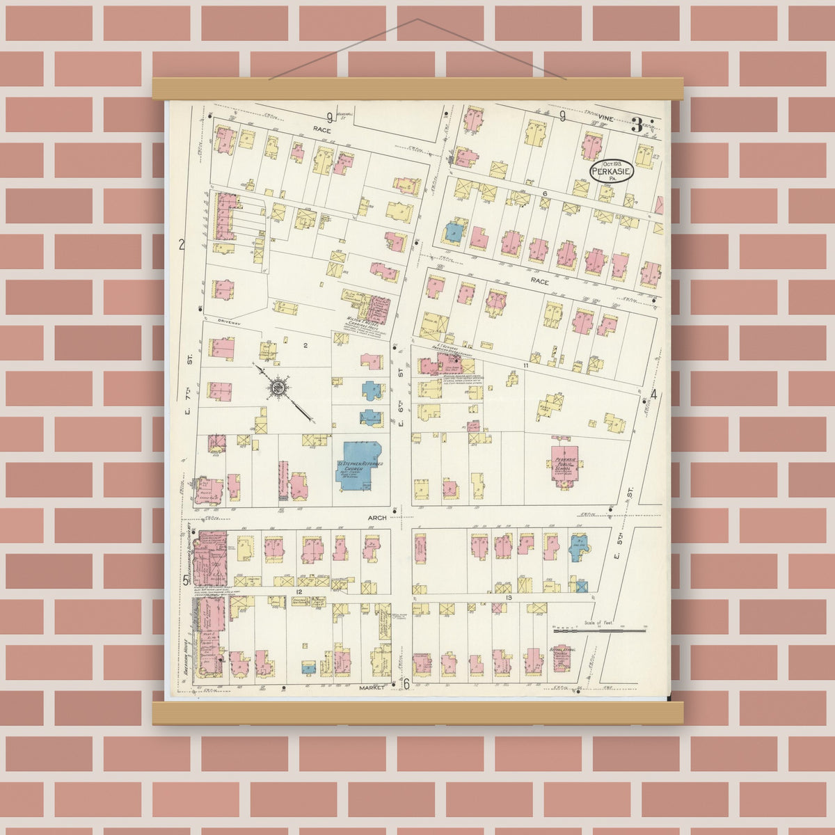 Old map wall art mockup — magnetic wood frame on brick wall — Sanborn Fire Insurance Map from Perkasie, Bucks County, Pennsylvania (1913), Sheet #0003
