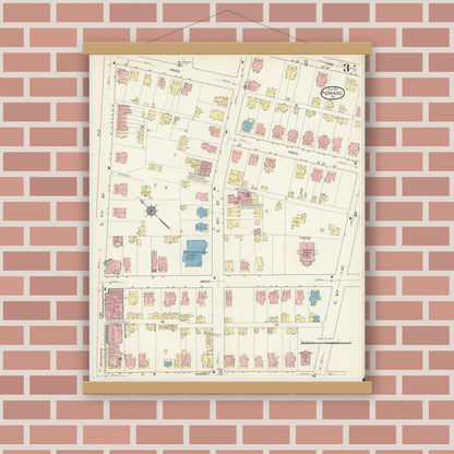 Old map wall art mockup — magnetic wood frame on brick wall — Sanborn Fire Insurance Map from Perkasie, Bucks County, Pennsylvania (1913), Sheet #0003