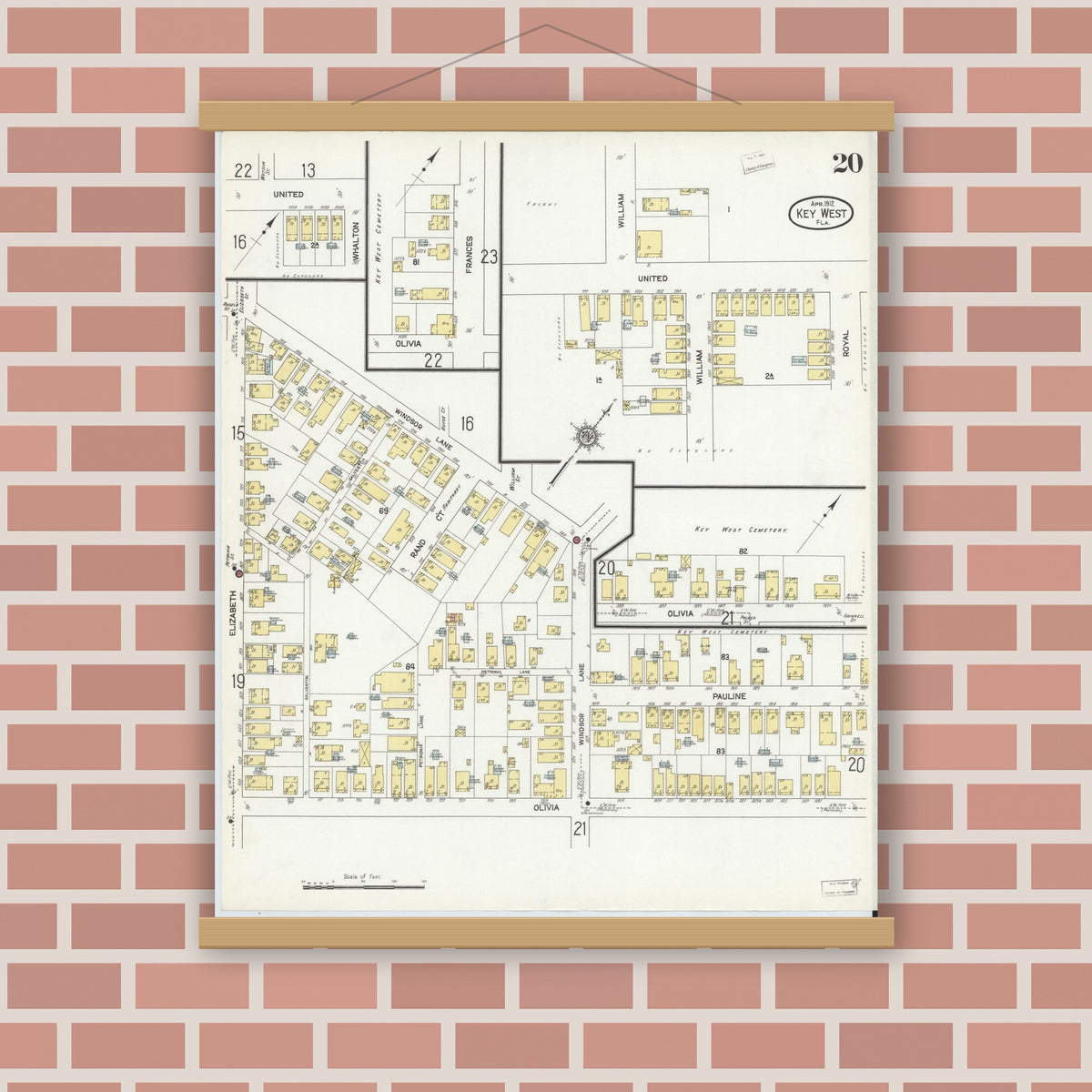 Old map wall art mockup — magnetic wood frame on brick wall — Sanborn Fire Insurance Map from Key West, Monroe County, Florida (1912), Sheet #0020