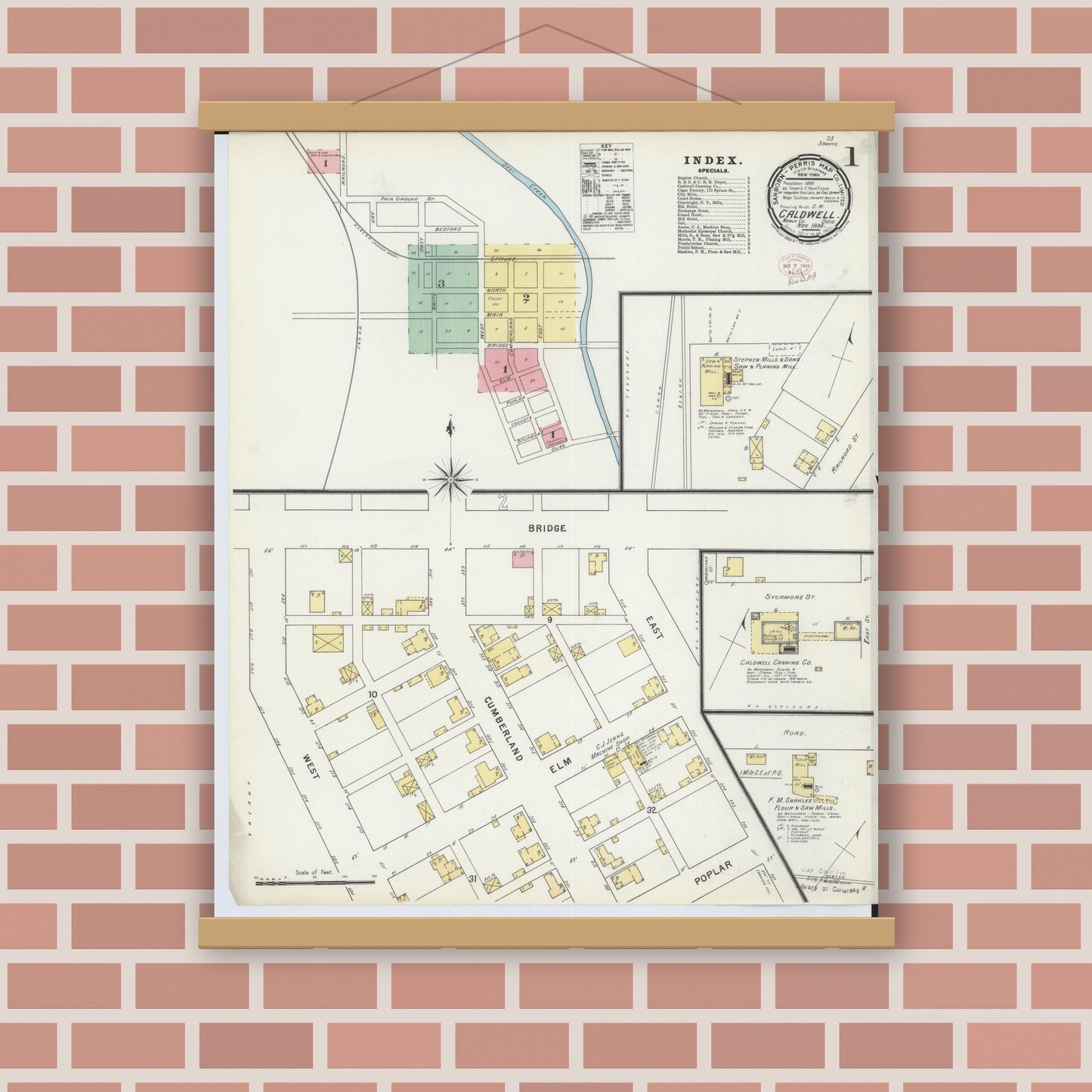 Old map wall art mockup — magnetic wood frame on brick wall — Sanborn Fire Insurance Map from Caldwell, Noble County, Ohio (1895) - Complete Map Set