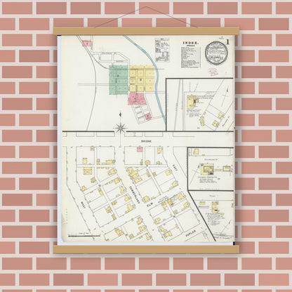 Old map wall art mockup — magnetic wood frame on brick wall — Sanborn Fire Insurance Map from Caldwell, Noble County, Ohio (1895) - Complete Map Set