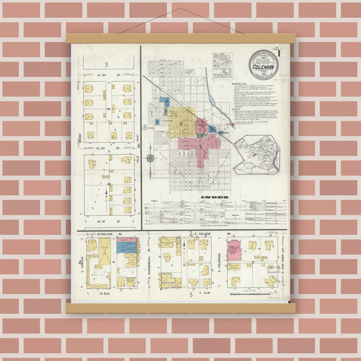 Old map wall art mockup — magnetic wood frame on brick wall — Sanborn Fire Insurance Map from Coleman, Coleman County, Texas (1916), Sheet #0001