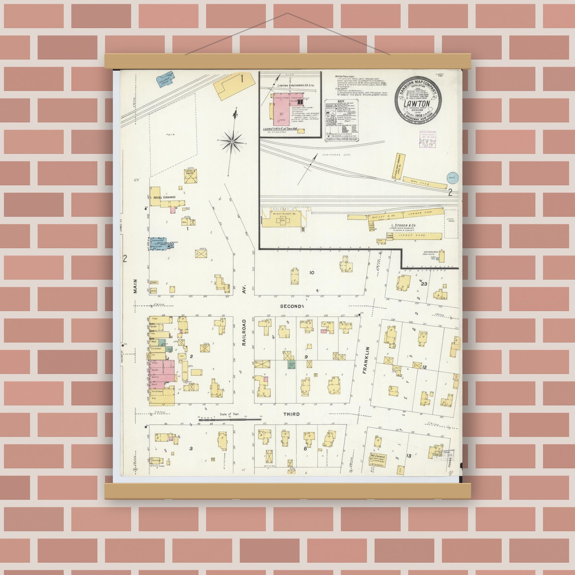 Old map wall art mockup — magnetic wood frame on brick wall — Sanborn Fire Insurance Map from Lawton, Van Buren County, Michigan (1908) - Complete Map Set