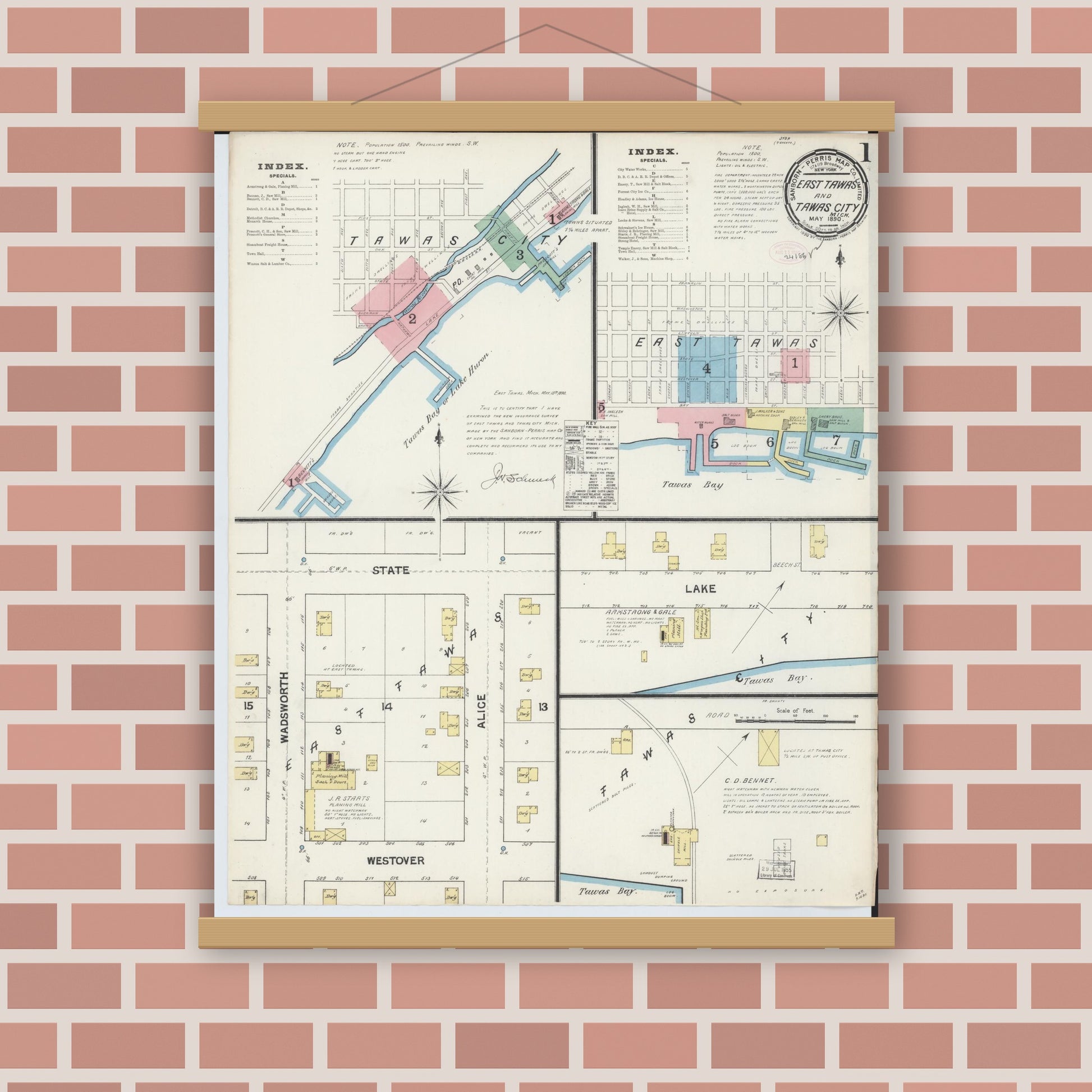 Old map wall art mockup — magnetic wood frame on brick wall — Sanborn Fire Insurance Map from East Tawas, Iosco County, Michigan (1890), Sheet #0001