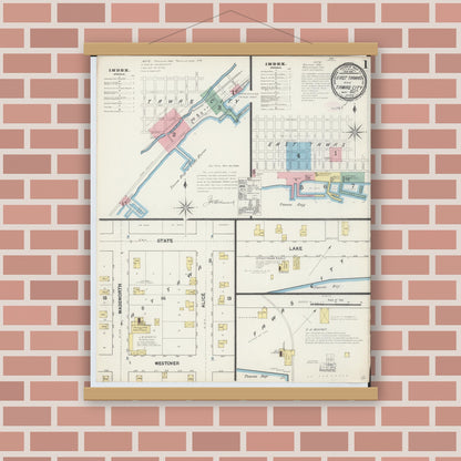Old map wall art mockup — magnetic wood frame on brick wall — Sanborn Fire Insurance Map from East Tawas, Iosco County, Michigan (1890), Sheet #0001