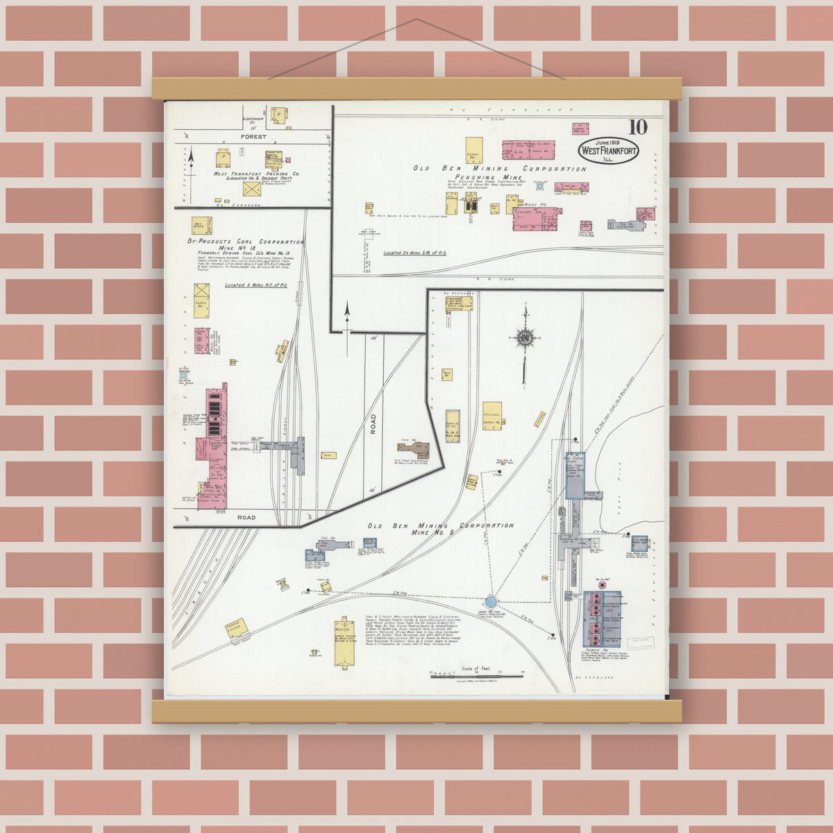 Old map wall art mockup — magnetic wood frame on brick wall — Sanborn Fire Insurance Map from West Frankfort, Franklin County, Illinois (1919), Sheet #0010