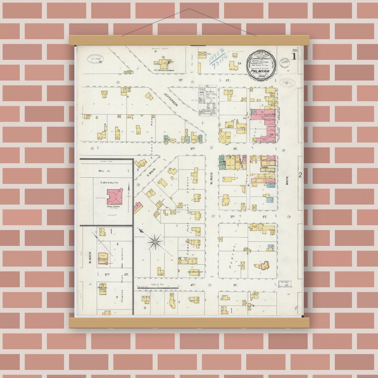 Old map wall art mockup — magnetic wood frame on brick wall — Sanborn Fire Insurance Map from Palmyra, Jefferson County, Wisconsin (1898) - Complete Map Set