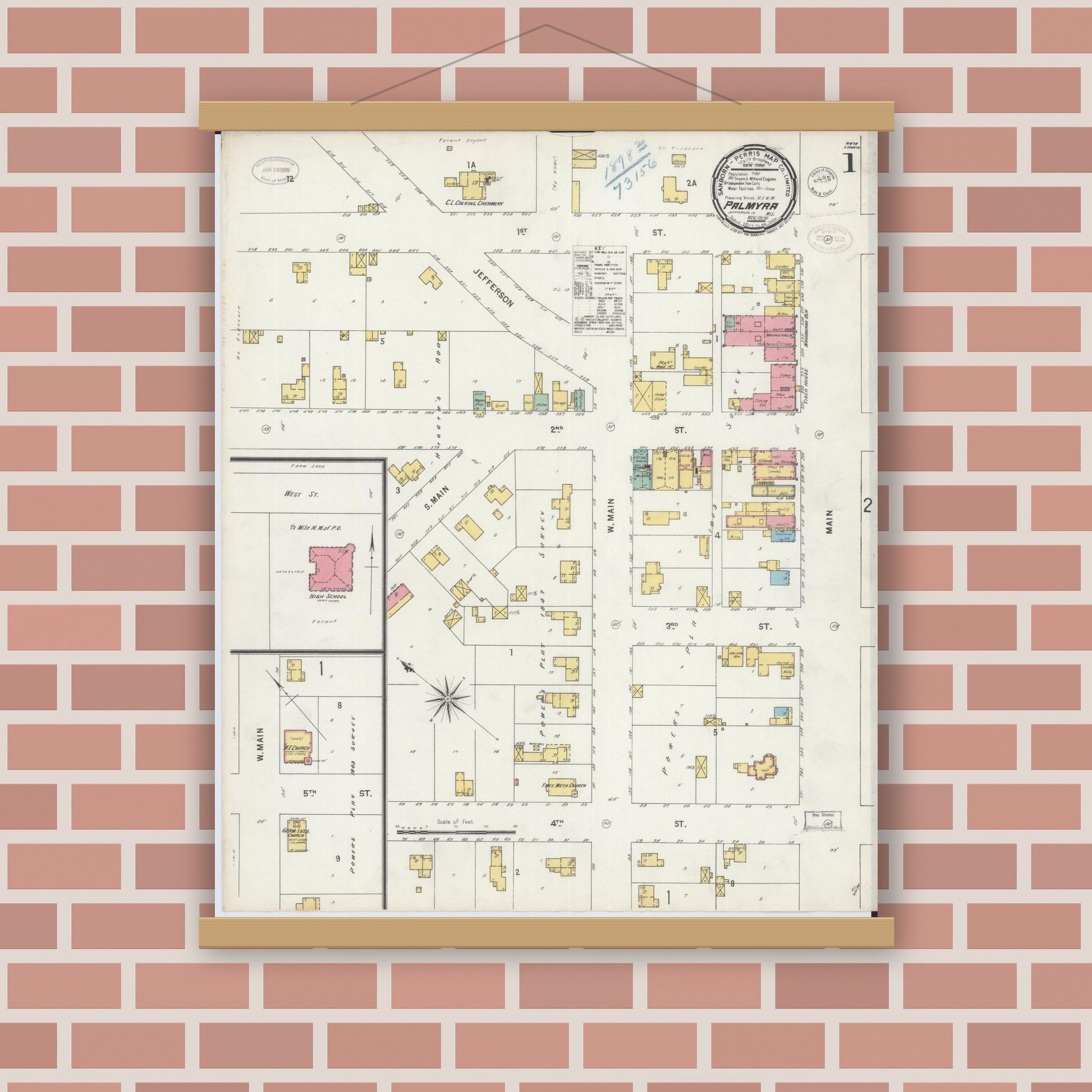 Old map wall art mockup — magnetic wood frame on brick wall — Sanborn Fire Insurance Map from Palmyra, Jefferson County, Wisconsin (1898) - Complete Map Set