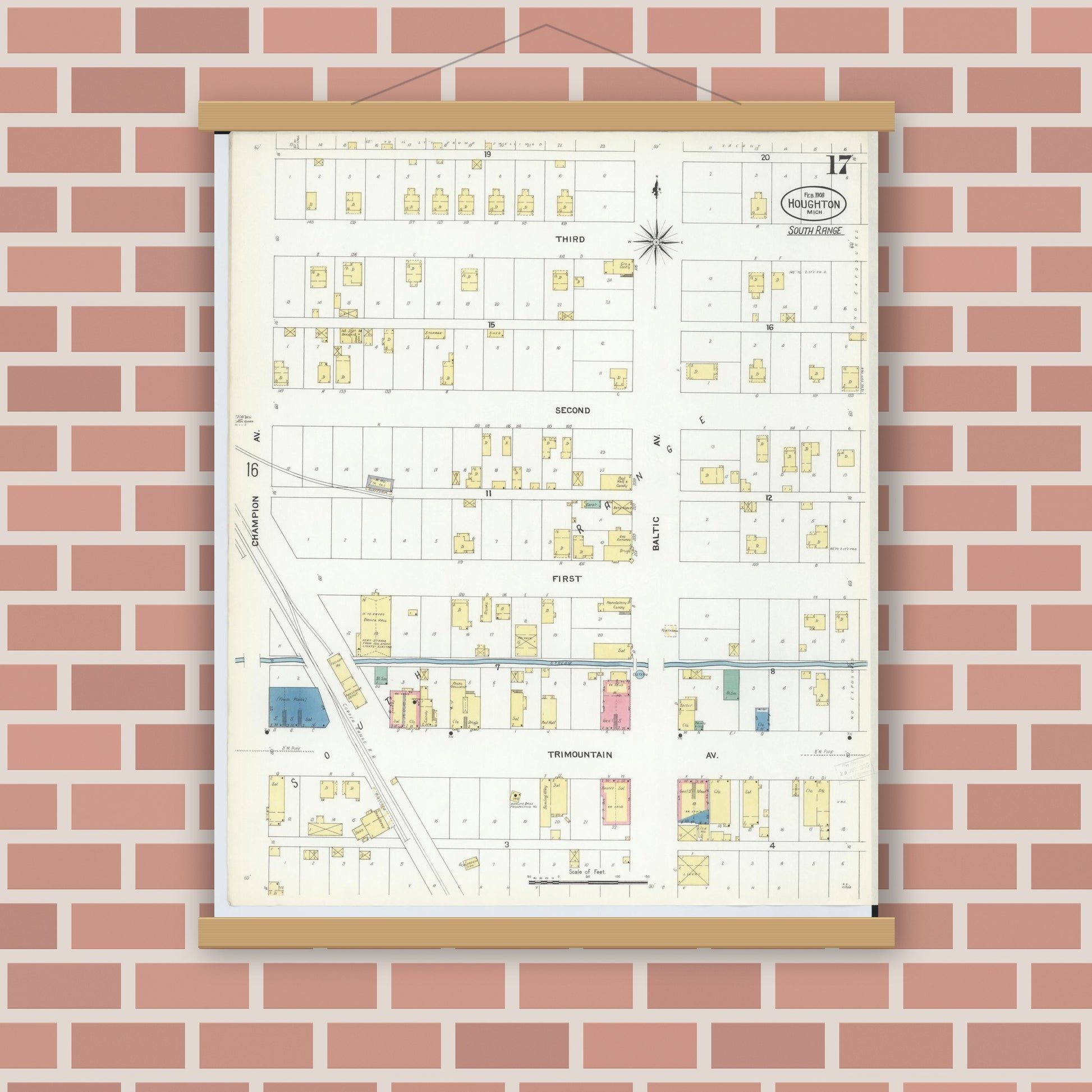 Old map wall art mockup — magnetic wood frame on brick wall — Sanborn Fire Insurance Map from Houghton, Houghton County, Michigan (1908), Sheet #0017