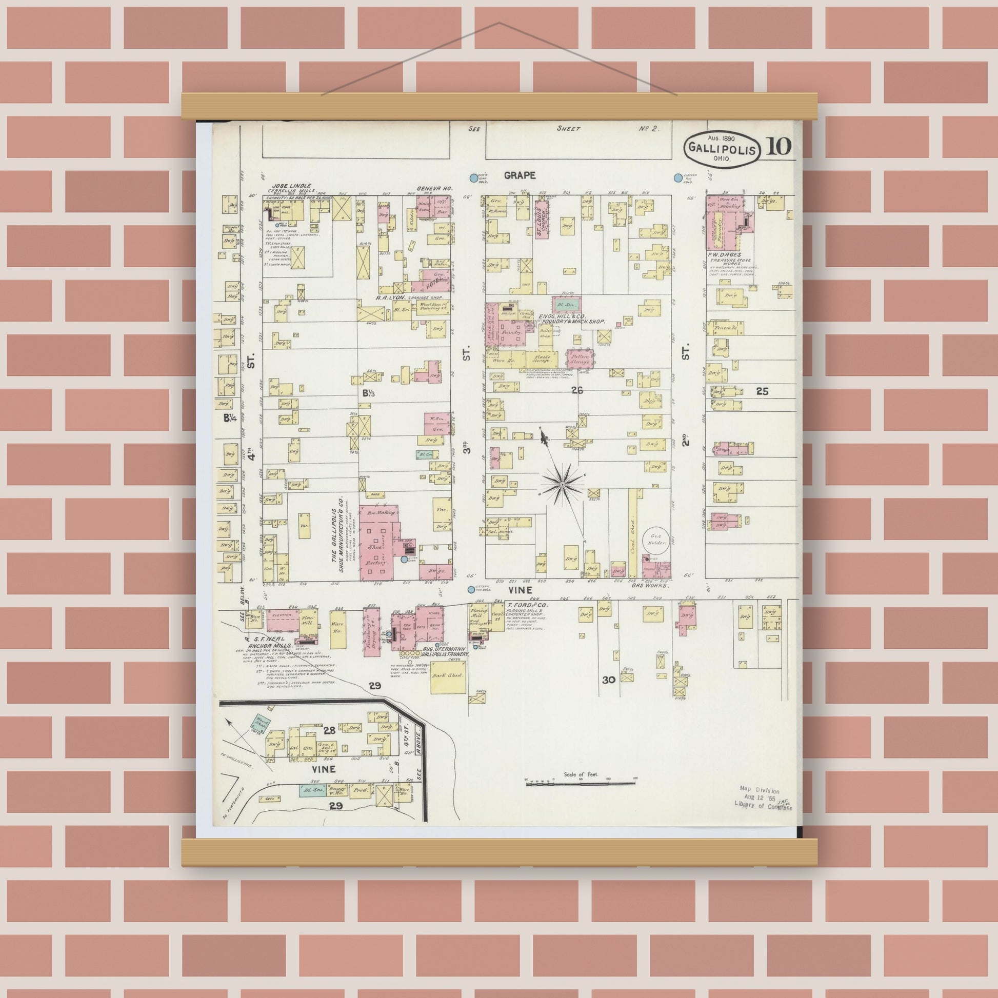 Old map wall art mockup — magnetic wood frame on brick wall — Sanborn Fire Insurance Map from Gallipolis, Gallia County, Ohio (1890), Sheet #0010