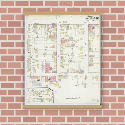 Old map wall art mockup — magnetic wood frame on brick wall — Sanborn Fire Insurance Map from Gallipolis, Gallia County, Ohio (1890), Sheet #0010