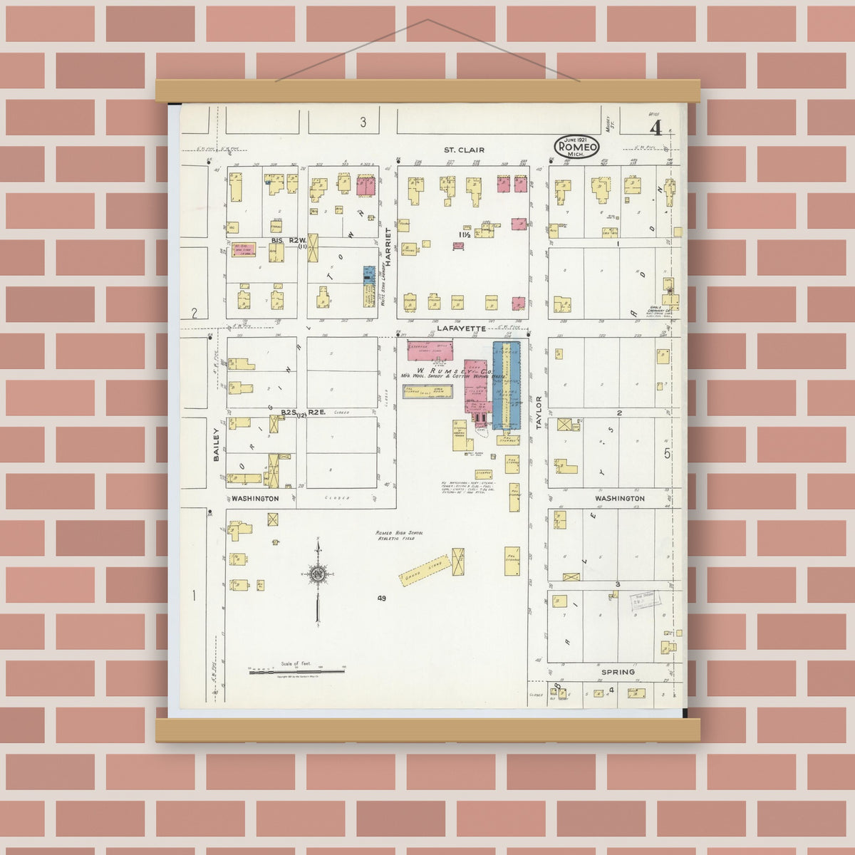 Old map wall art mockup — magnetic wood frame on brick wall — Sanborn Fire Insurance Map from Romeo, Macomb County, Michigan (1921), Sheet #0004