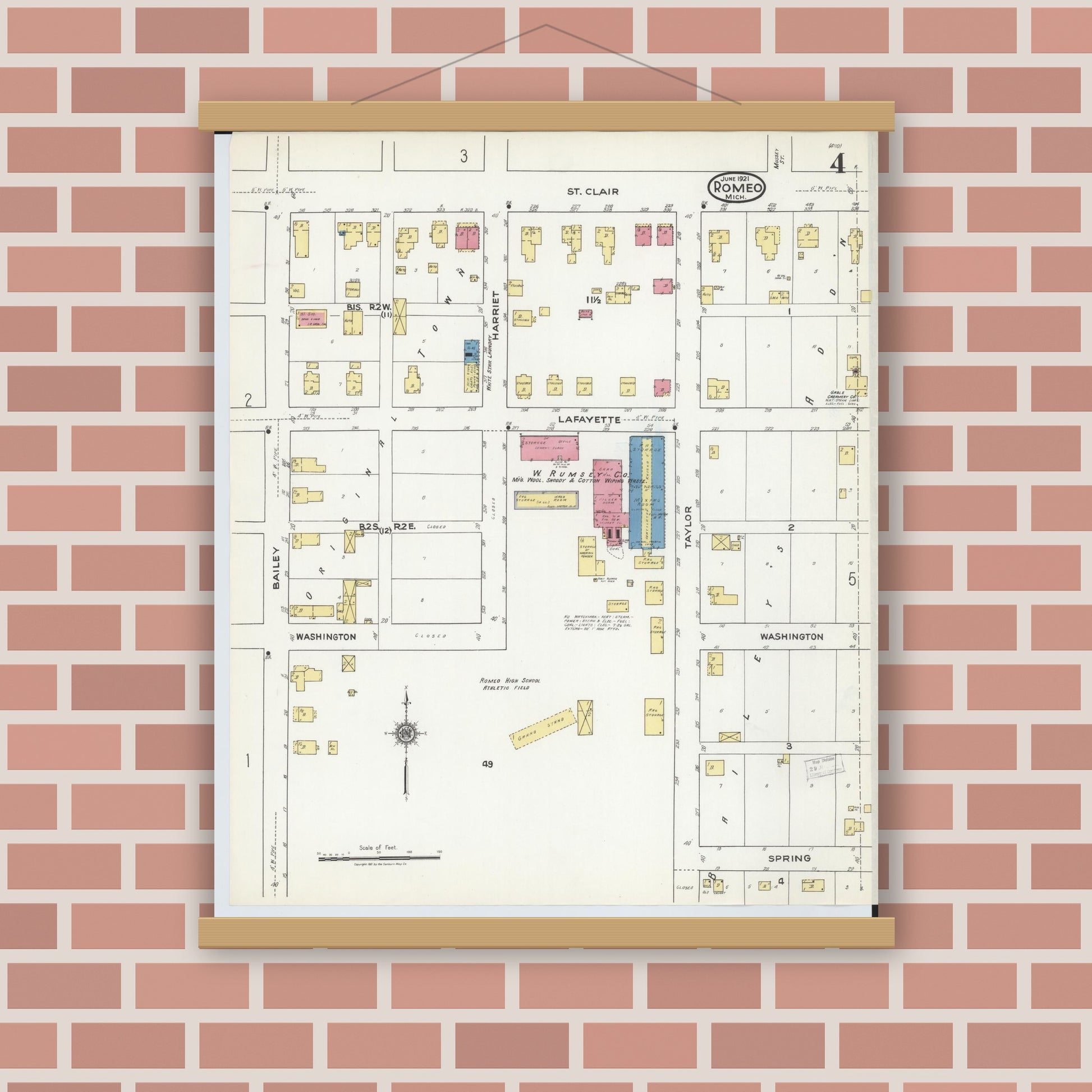 Old map wall art mockup — magnetic wood frame on brick wall — Sanborn Fire Insurance Map from Romeo, Macomb County, Michigan (1921), Sheet #0004