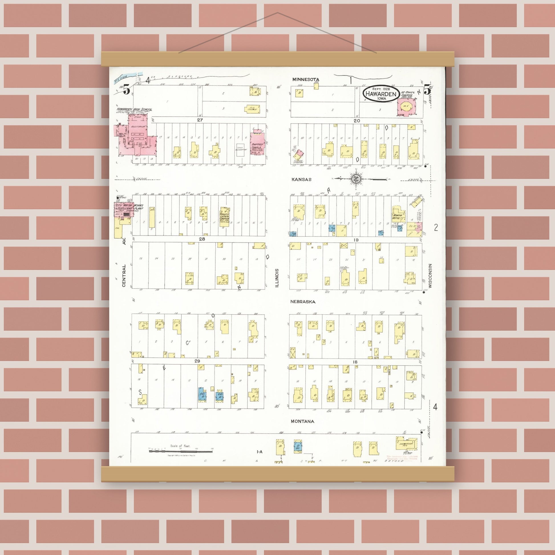 Old map wall art mockup — magnetic wood frame on brick wall — Sanborn Fire Insurance Map from Hawarden, Sioux County, Iowa (1924), Sheet #0005