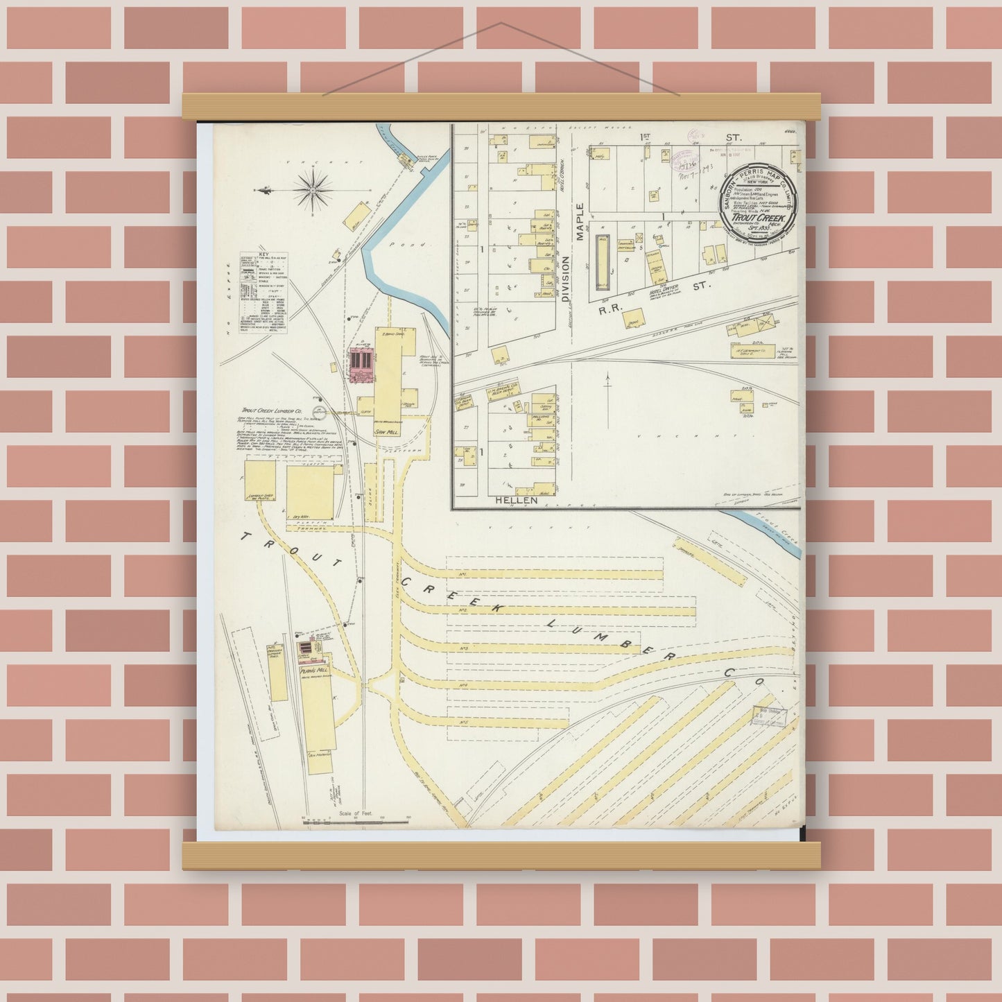 Old map wall art mockup — magnetic wood frame on brick wall — Sanborn Fire Insurance Map from Trout Creek, Ontonagon County, Michigan (1893), Sheet #0001