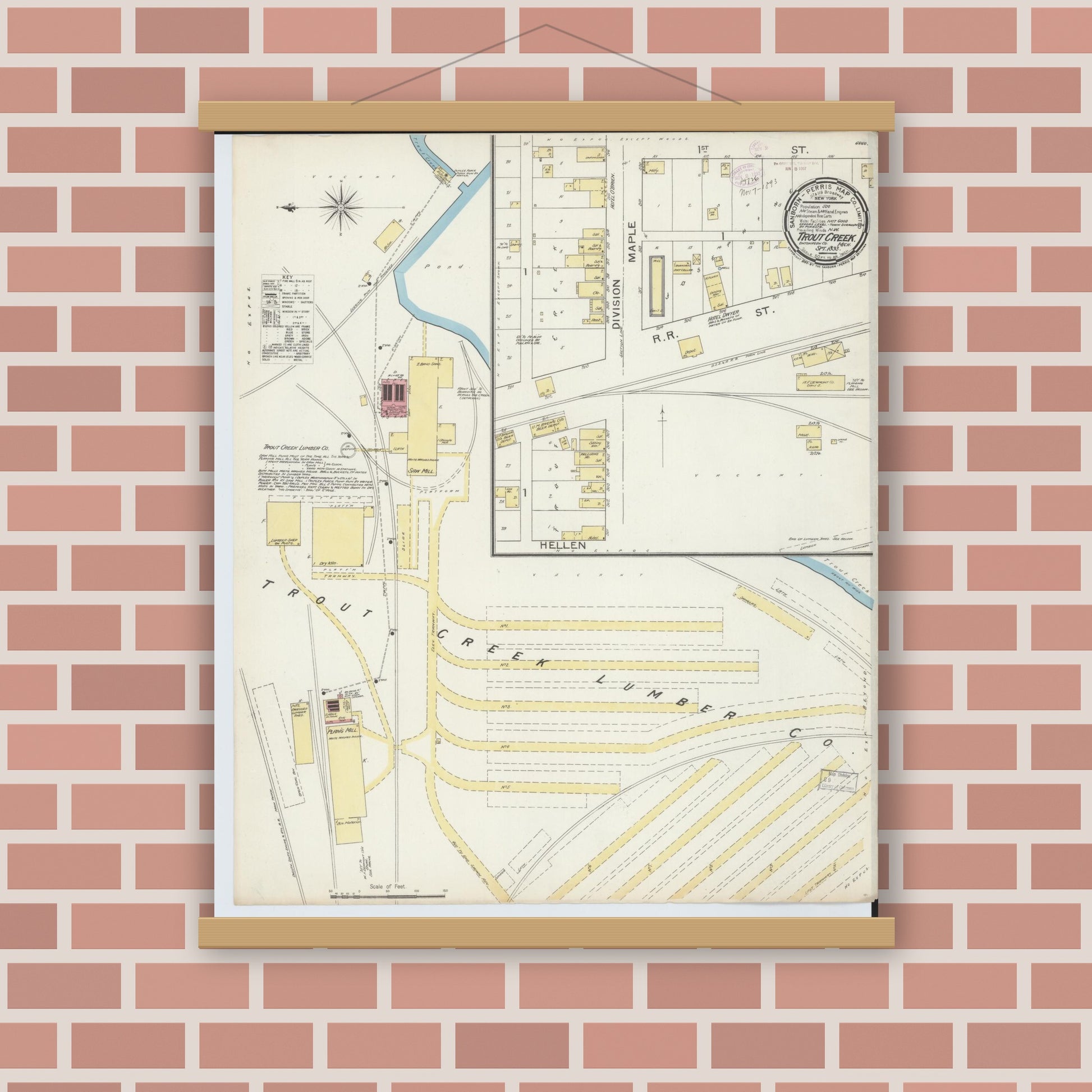 Old map wall art mockup — magnetic wood frame on brick wall — Sanborn Fire Insurance Map from Trout Creek, Ontonagon County, Michigan (1893), Sheet #0001