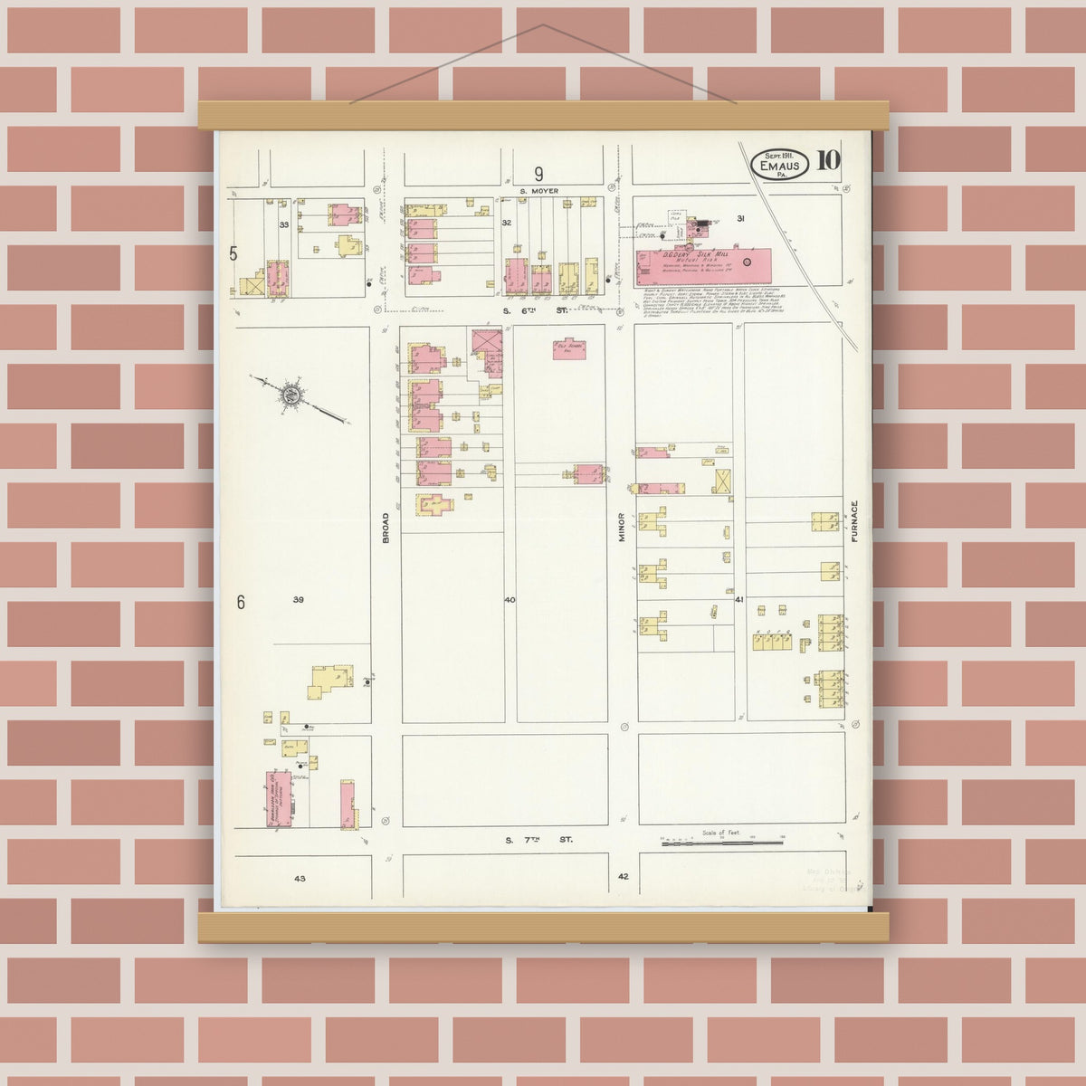 Old map wall art mockup — magnetic wood frame on brick wall — Sanborn Fire Insurance Map from Emaus, Lehigh County, Pennsylvania (1911), Sheet #0010