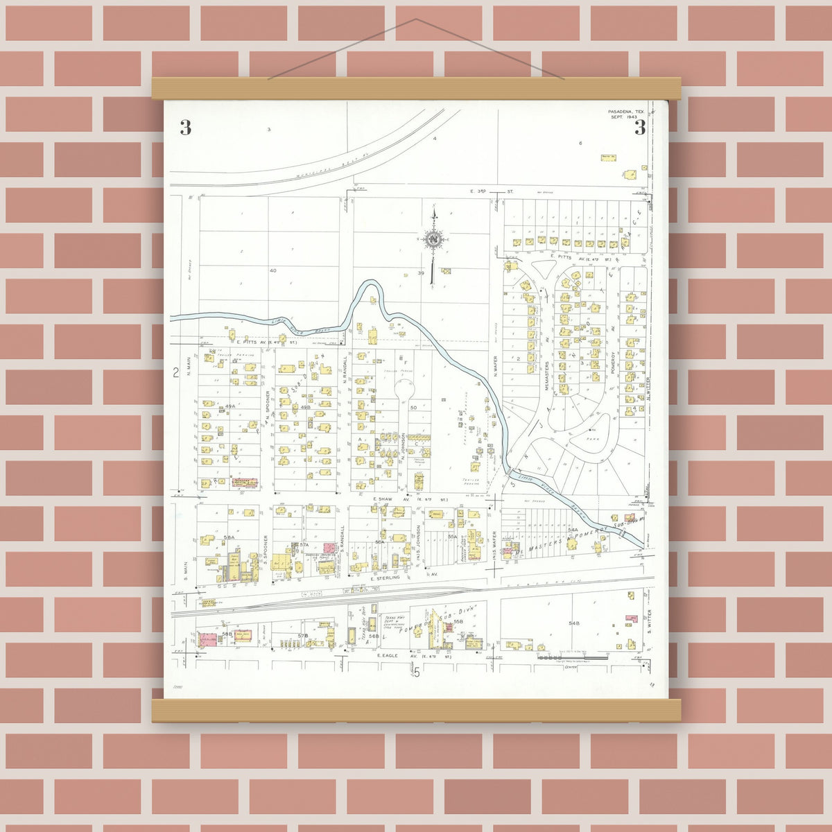 Old map wall art mockup — magnetic wood frame on brick wall — Sanborn Fire Insurance Map from Pasadena, Harris County, Texas (1943), Sheet #0003