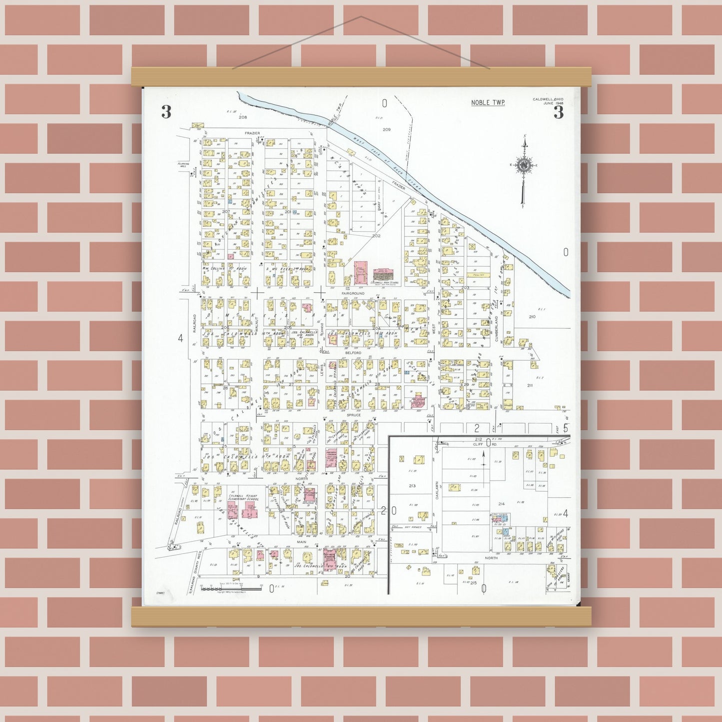 Old map wall art mockup — magnetic wood frame on brick wall — Sanborn Fire Insurance Map from Caldwell, Noble County, Ohio (1948), Sheet #0003