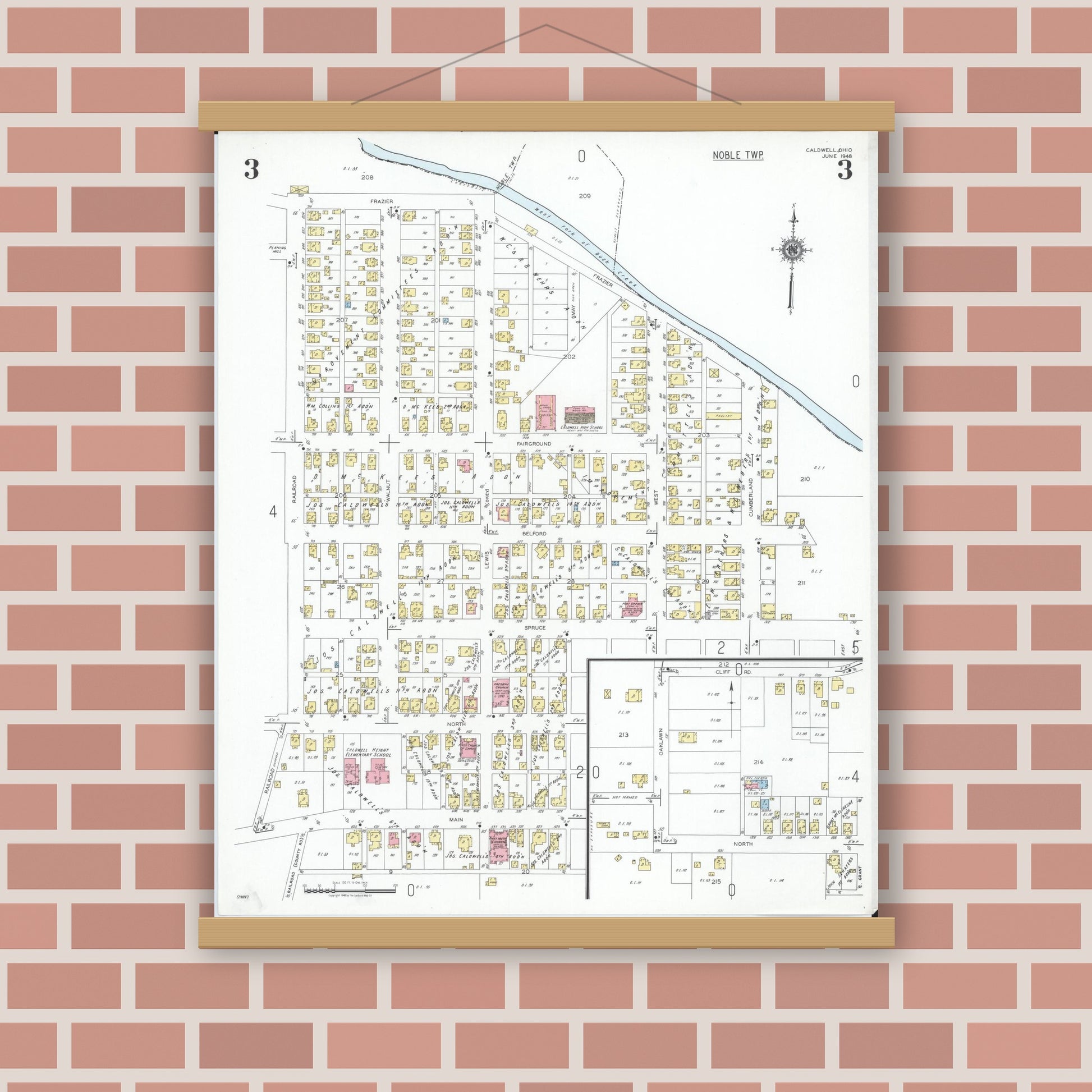 Old map wall art mockup — magnetic wood frame on brick wall — Sanborn Fire Insurance Map from Caldwell, Noble County, Ohio (1948), Sheet #0003