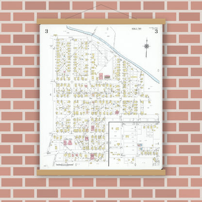 Old map wall art mockup — magnetic wood frame on brick wall — Sanborn Fire Insurance Map from Caldwell, Noble County, Ohio (1948), Sheet #0003