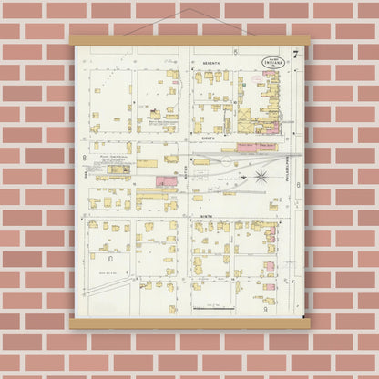 Old map wall art mockup — magnetic wood frame on brick wall — Sanborn Fire Insurance Map from Indiana, Indiana County, Pennsylvania (1888), Sheet #0007