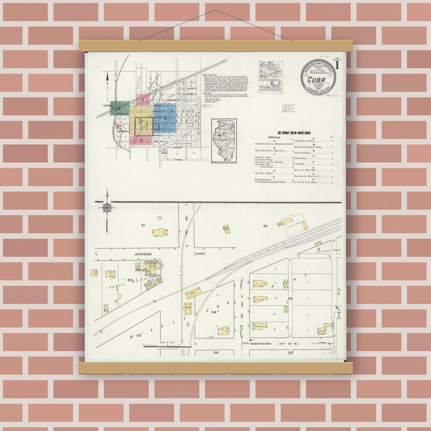 Old map wall art mockup — magnetic wood frame on brick wall — Sanborn Fire Insurance Map from Cuba, Fulton County, Illinois (1919) - Complete Map Set