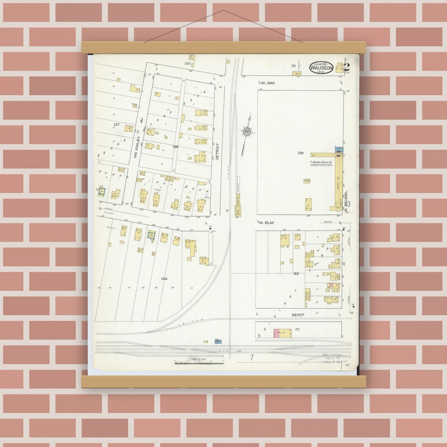 Old map wall art mockup — magnetic wood frame on brick wall — Sanborn Fire Insurance Map from Wauseon, Fulton County, Ohio (1916), Sheet #0002