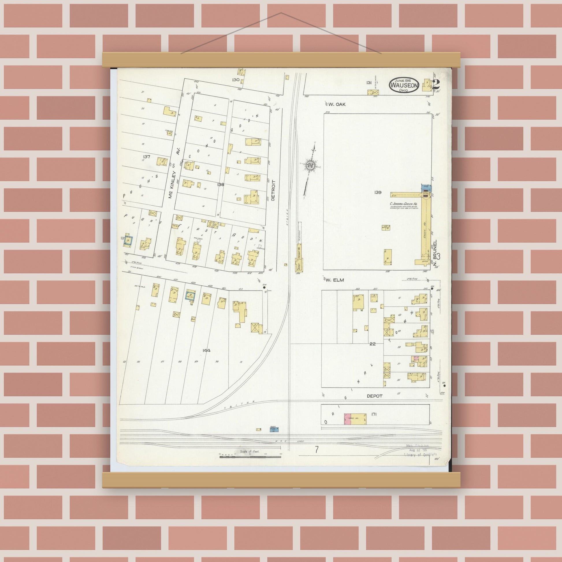 Old map wall art mockup — magnetic wood frame on brick wall — Sanborn Fire Insurance Map from Wauseon, Fulton County, Ohio (1916), Sheet #0002