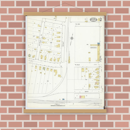 Old map wall art mockup — magnetic wood frame on brick wall — Sanborn Fire Insurance Map from Wauseon, Fulton County, Ohio (1916), Sheet #0002