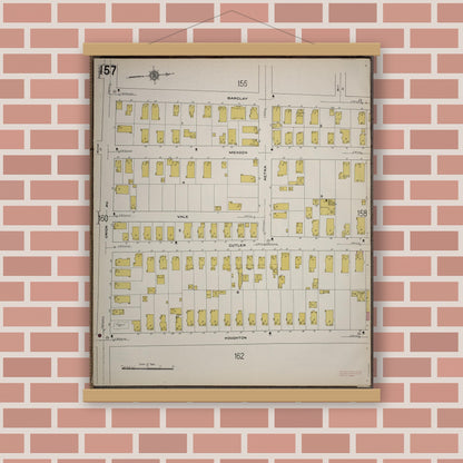Old map wall art mockup — magnetic wood frame on brick wall — Sanborn Fire Insurance Map from Worcester, Worcester County, Massachusetts (1910), Sheet #0157