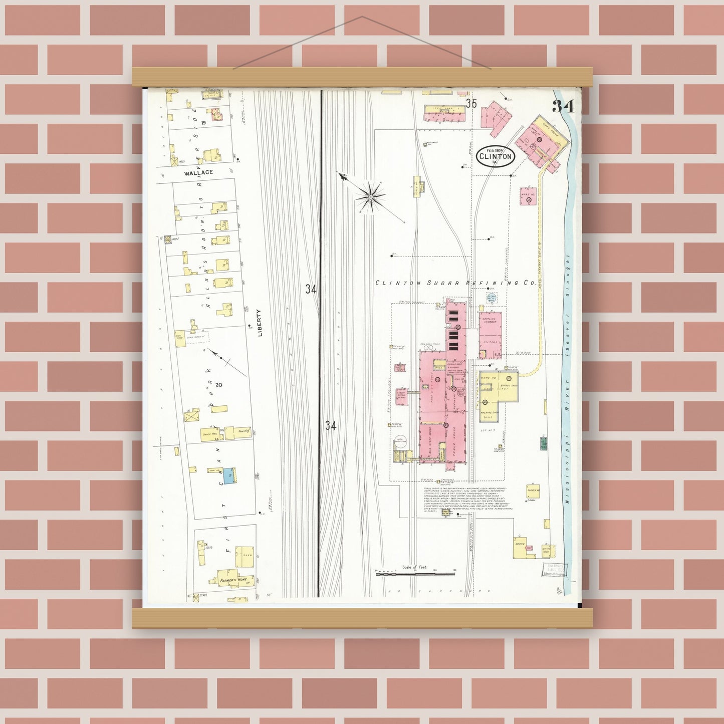 Old map wall art mockup — magnetic wood frame on brick wall — Sanborn Fire Insurance Map from Clinton, Clinton County, Iowa (1909), Sheet #0034