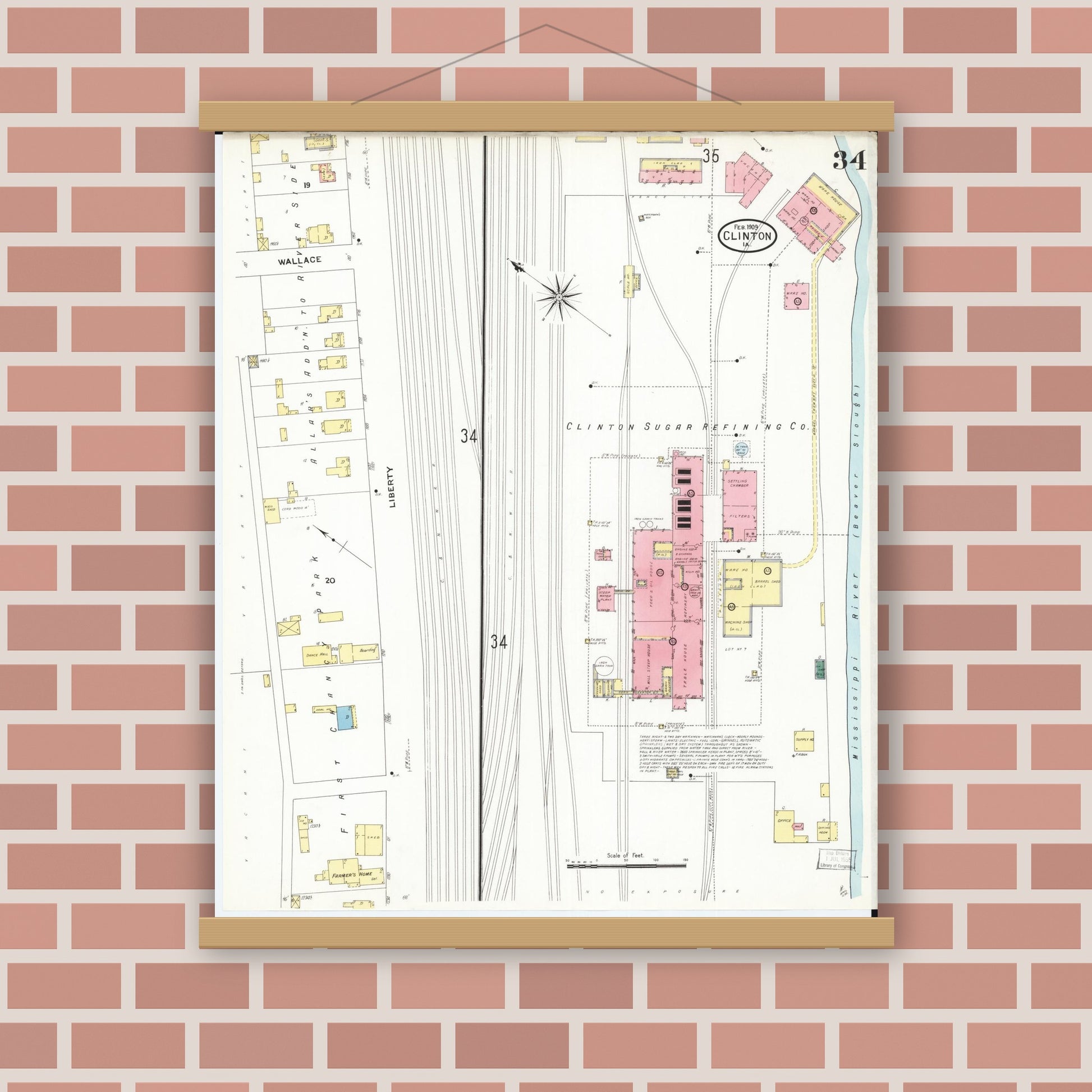 Old map wall art mockup — magnetic wood frame on brick wall — Sanborn Fire Insurance Map from Clinton, Clinton County, Iowa (1909), Sheet #0034