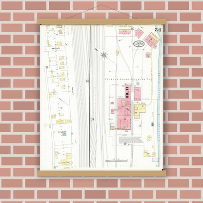 Old map wall art mockup — magnetic wood frame on brick wall — Sanborn Fire Insurance Map from Clinton, Clinton County, Iowa (1909), Sheet #0034