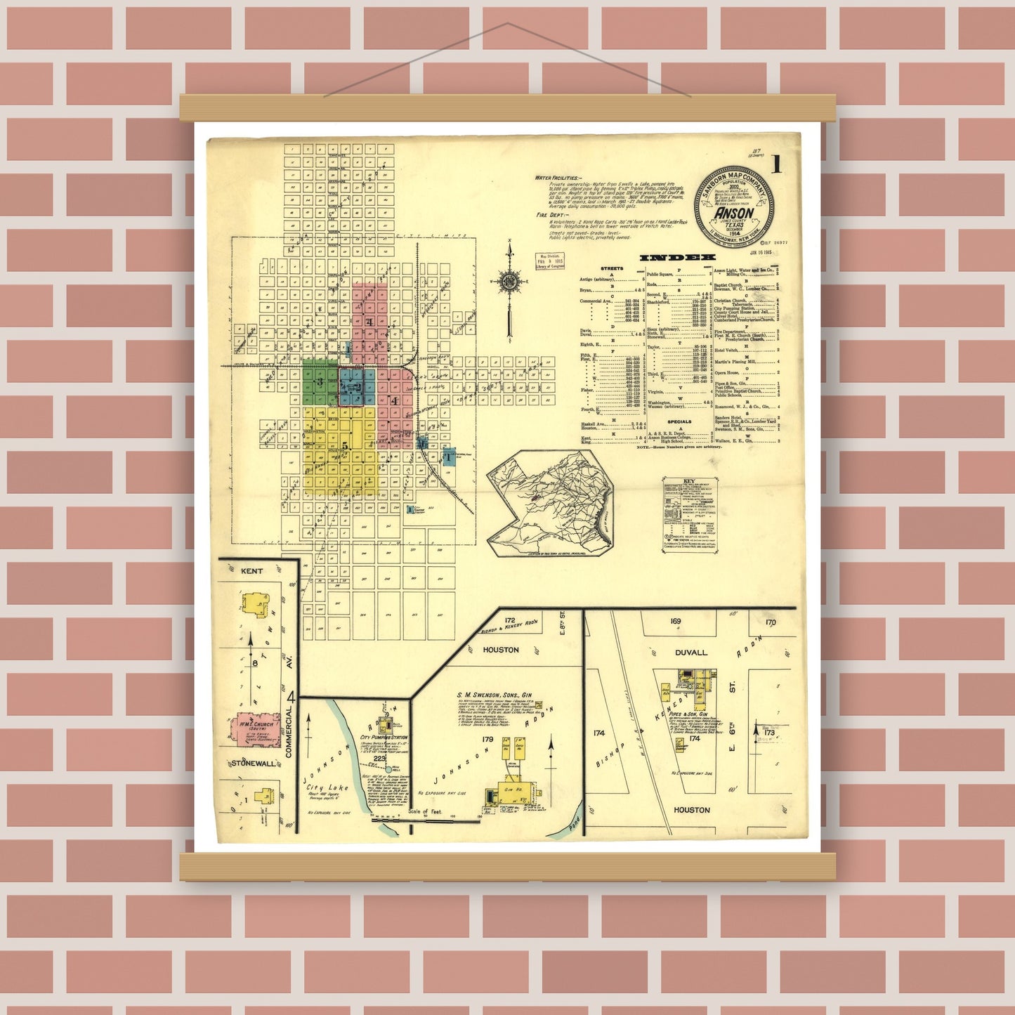 Old map wall art mockup — magnetic wood frame on brick wall — Sanborn Fire Insurance Map from Anson, Jones County, Texas (1914), Sheet #0001