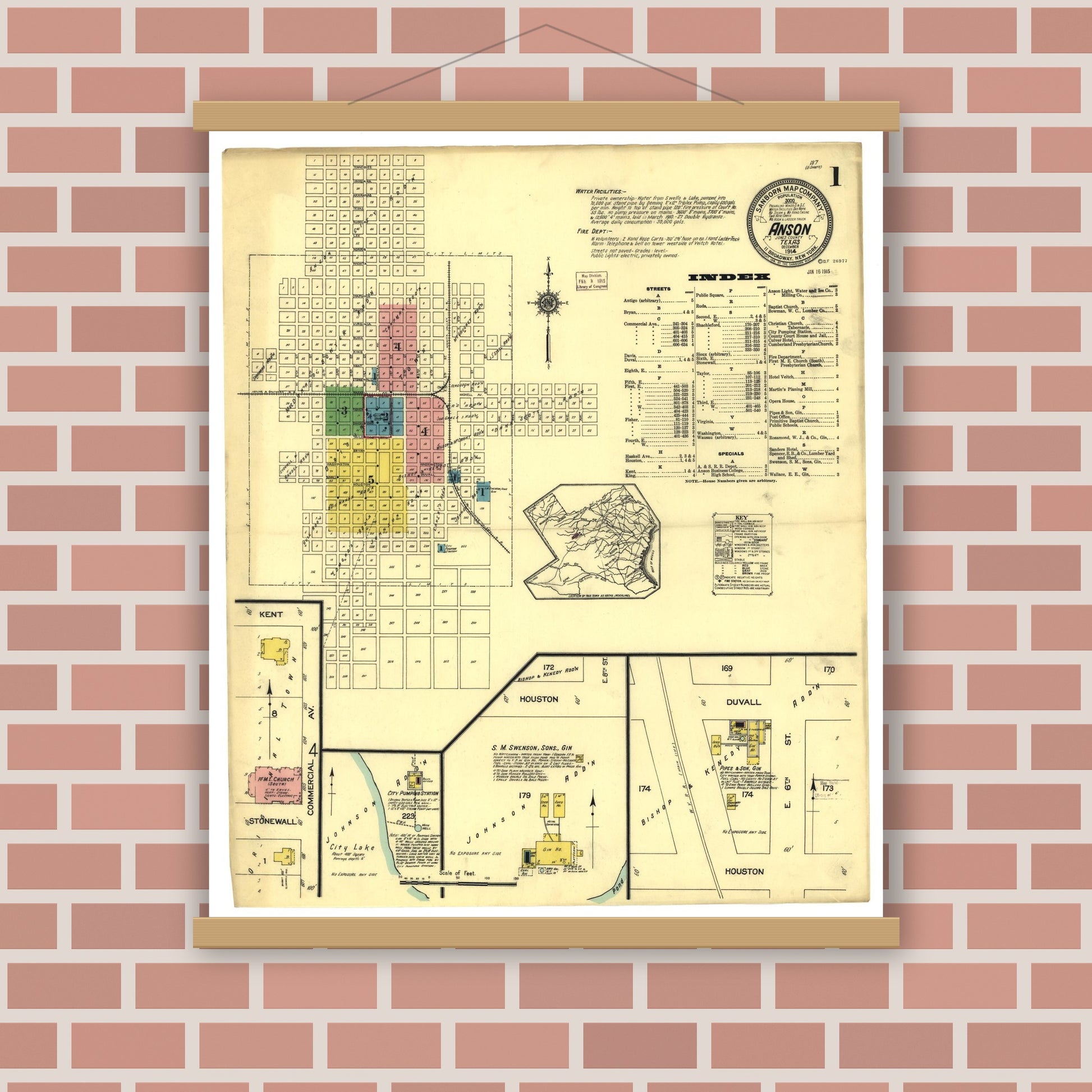 Old map wall art mockup — magnetic wood frame on brick wall — Sanborn Fire Insurance Map from Anson, Jones County, Texas (1914), Sheet #0001