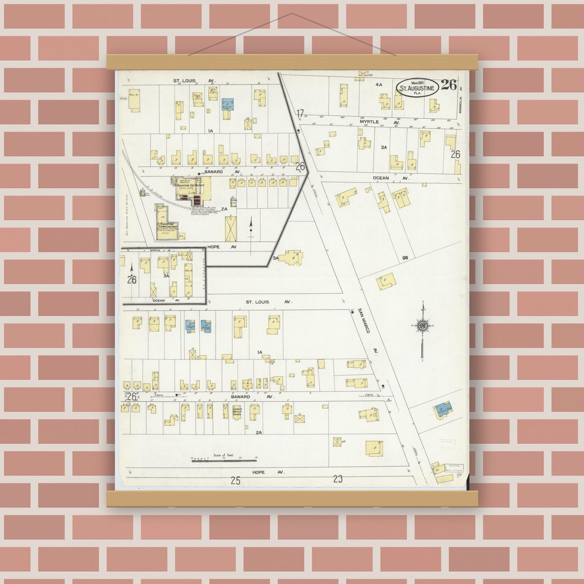 Old map wall art mockup — magnetic wood frame on brick wall — Sanborn Fire Insurance Map from Saint Augustine, Saint John's County, Florida (1910), Sheet #0026