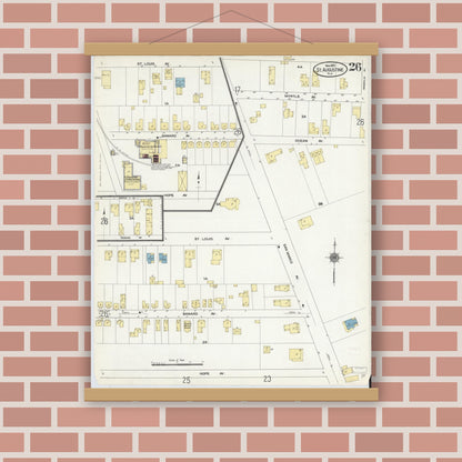 Old map wall art mockup — magnetic wood frame on brick wall — Sanborn Fire Insurance Map from Saint Augustine, Saint John's County, Florida (1910), Sheet #0026