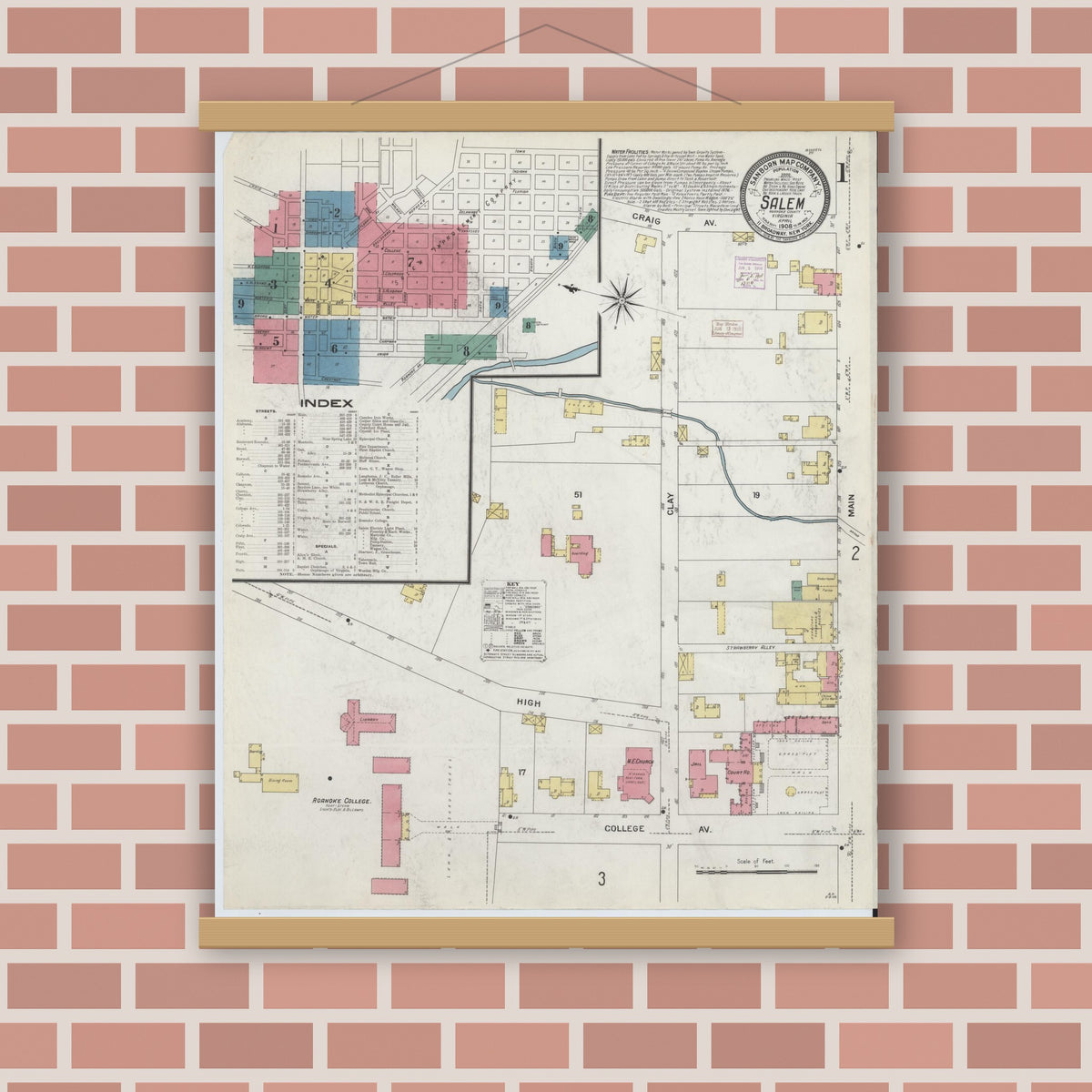 Old map wall art mockup — magnetic wood frame on brick wall — Sanborn Fire Insurance Map from Salem, Independent Cities, Virginia (1908) - Complete Map Set