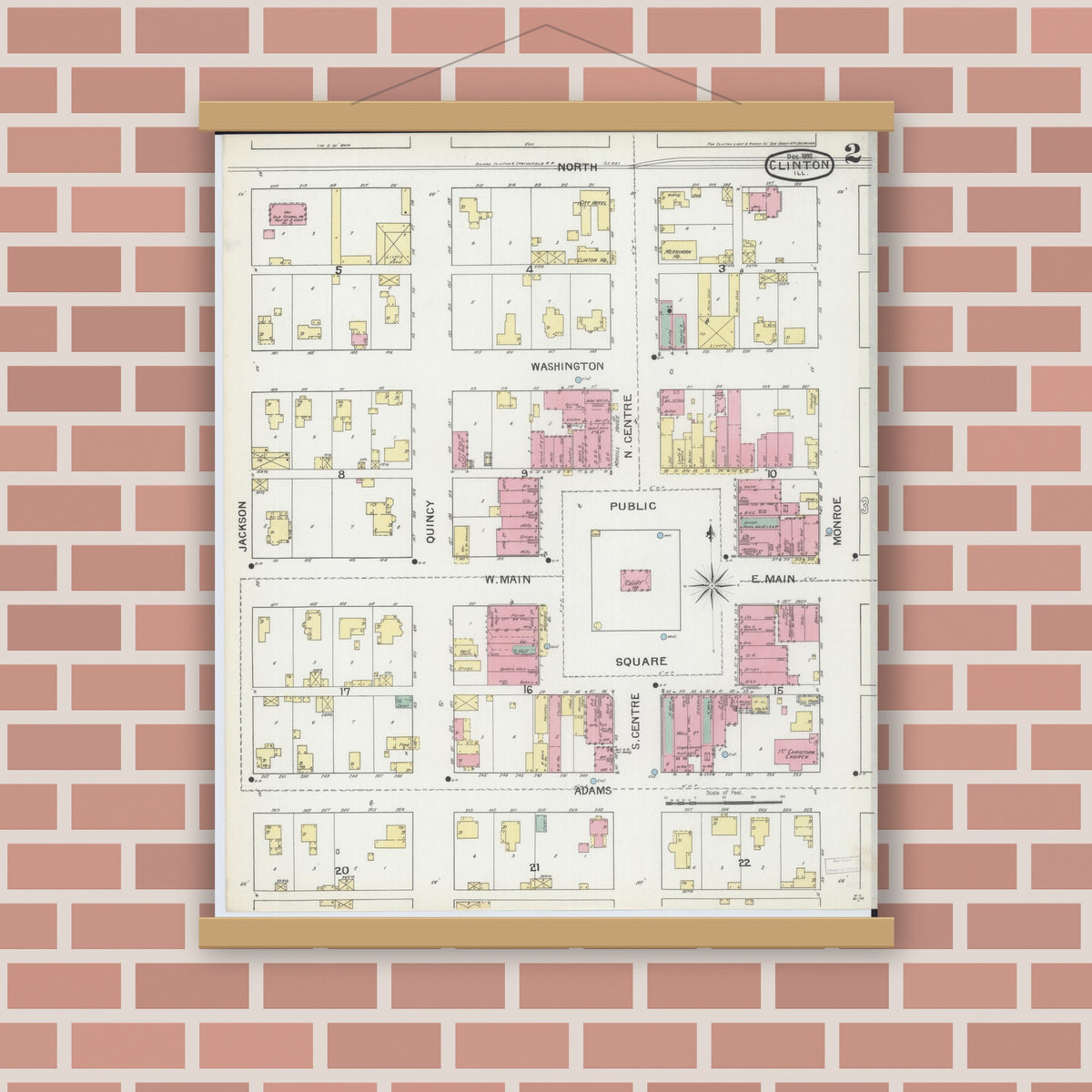 Old map wall art mockup — magnetic wood frame on brick wall — Sanborn Fire Insurance Map from Clinton, De Witt County, Illinois (1892), Sheet #0002