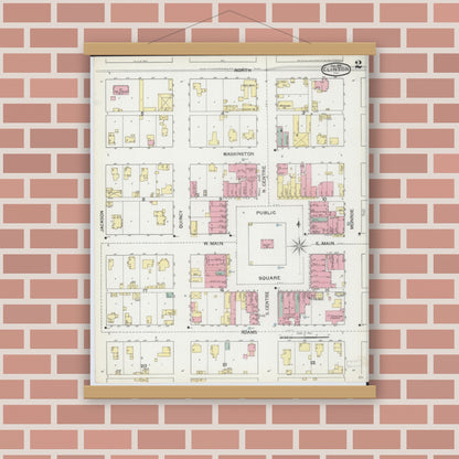 Old map wall art mockup — magnetic wood frame on brick wall — Sanborn Fire Insurance Map from Clinton, De Witt County, Illinois (1892), Sheet #0002