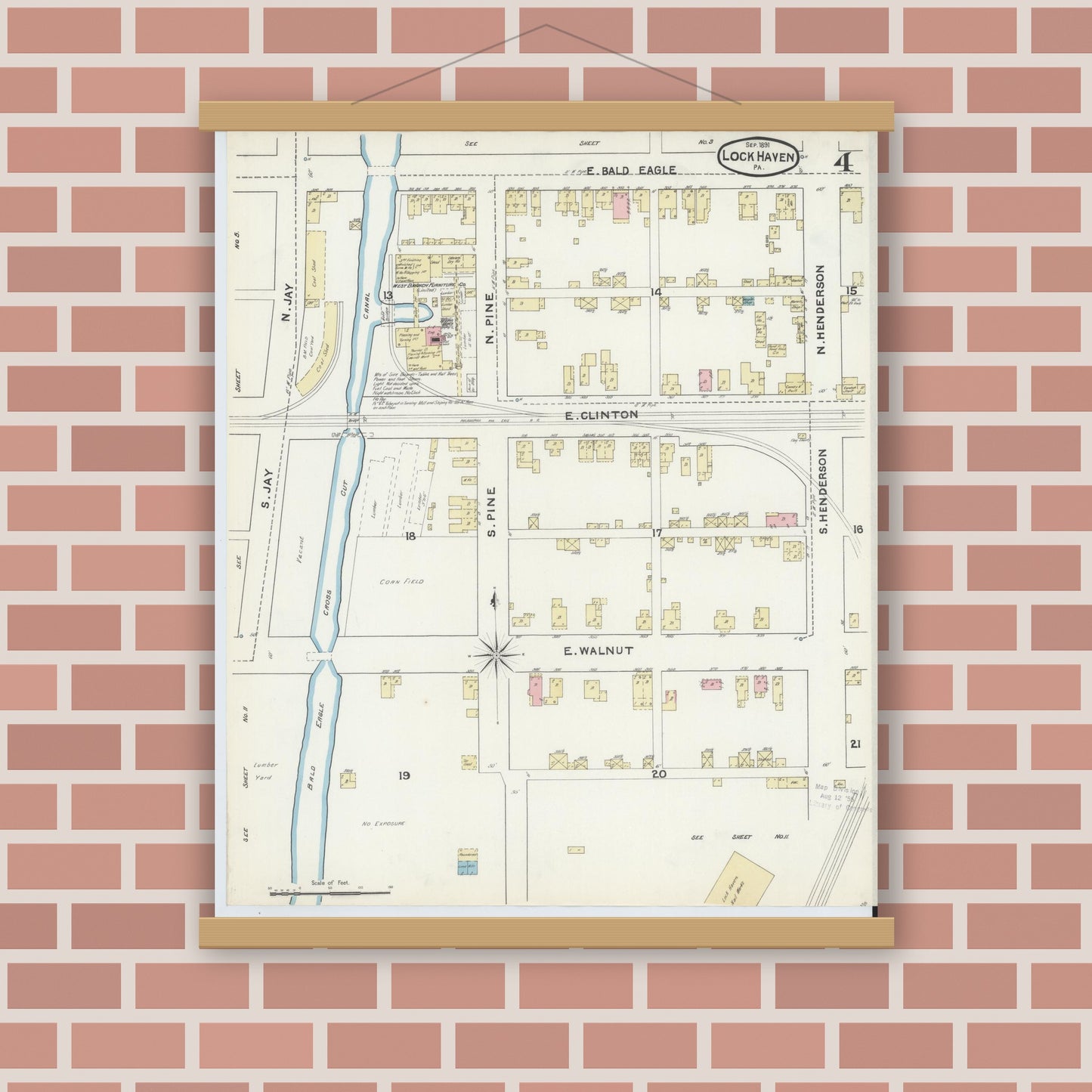 Old map wall art mockup — magnetic wood frame on brick wall — Sanborn Fire Insurance Map from Lock Haven, Clinton County, Pennsylvania (1891), Sheet #0004