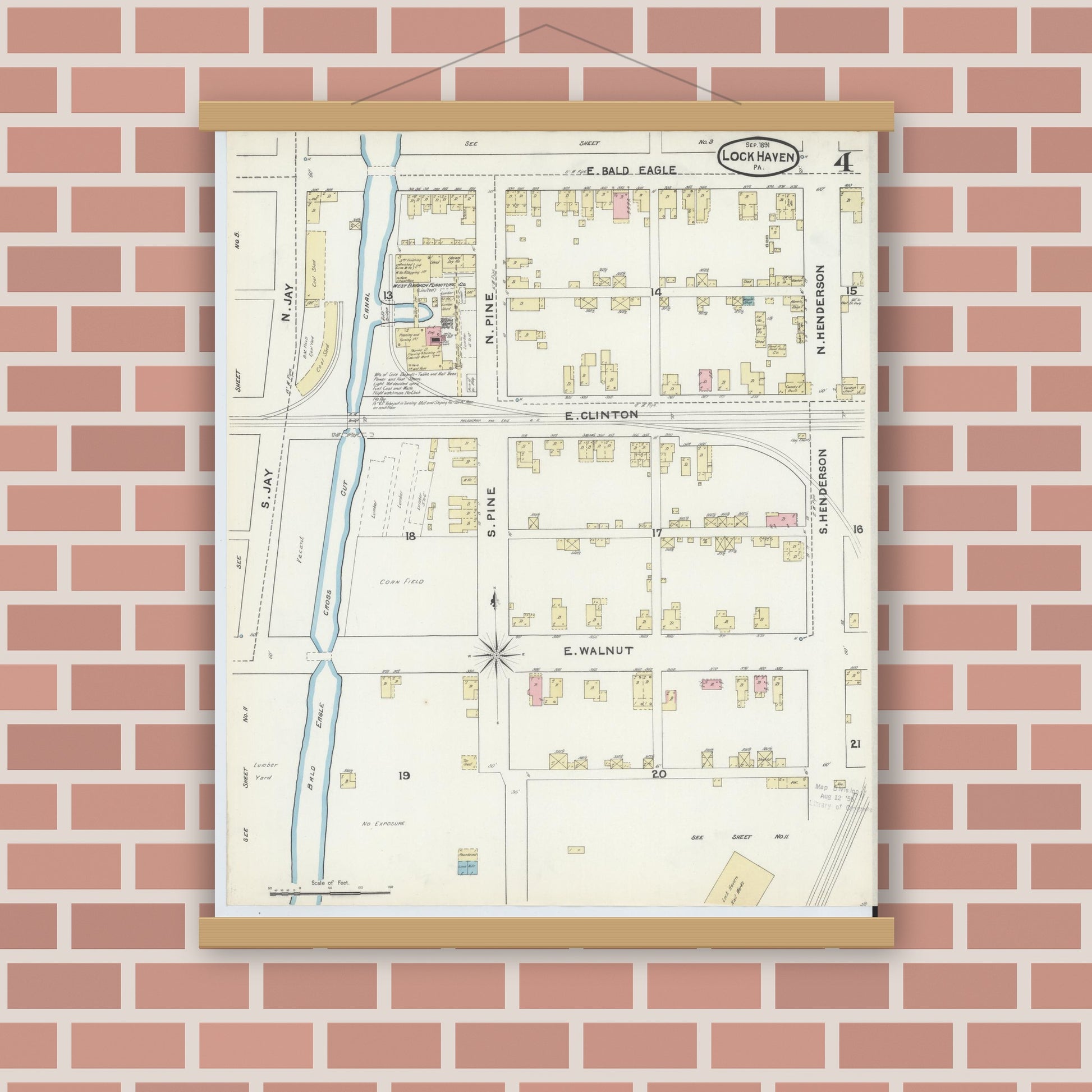 Old map wall art mockup — magnetic wood frame on brick wall — Sanborn Fire Insurance Map from Lock Haven, Clinton County, Pennsylvania (1891), Sheet #0004