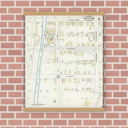 Old map wall art mockup — magnetic wood frame on brick wall — Sanborn Fire Insurance Map from Lock Haven, Clinton County, Pennsylvania (1891), Sheet #0004