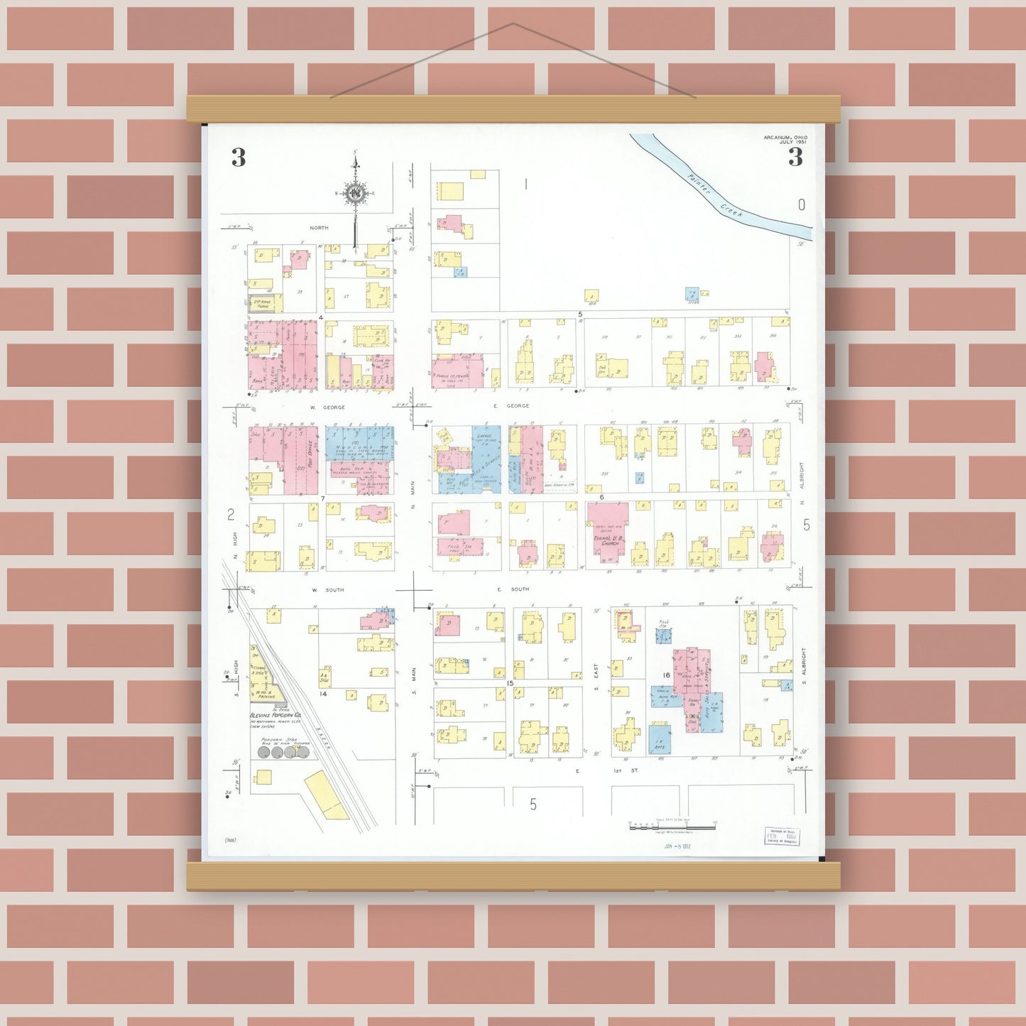 Old map wall art mockup — magnetic wood frame on brick wall — Sanborn Fire Insurance Map from Arcanum, Darke County, Ohio (1951), Sheet #0003