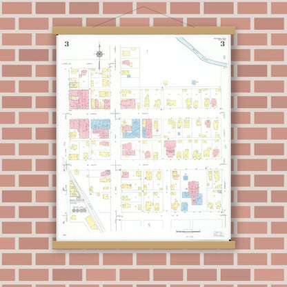 Old map wall art mockup — magnetic wood frame on brick wall — Sanborn Fire Insurance Map from Arcanum, Darke County, Ohio (1951), Sheet #0003
