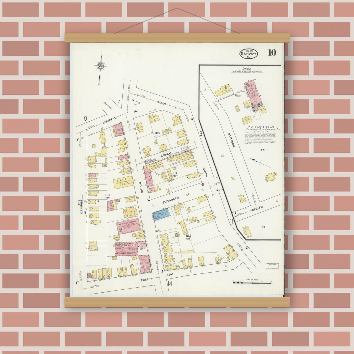 Old map wall art mockup — magnetic wood frame on brick wall — Sanborn Fire Insurance Map from Rahway, Union County, New Jersey (1915), Sheet #0010