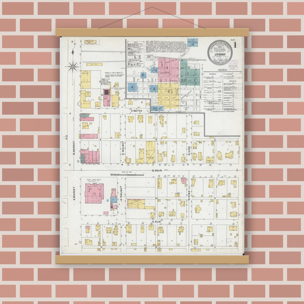 Old map wall art mockup — magnetic wood frame on brick wall — Sanborn Fire Insurance Map from Urbana, Champaign County, Illinois (1902) - Complete Map Set