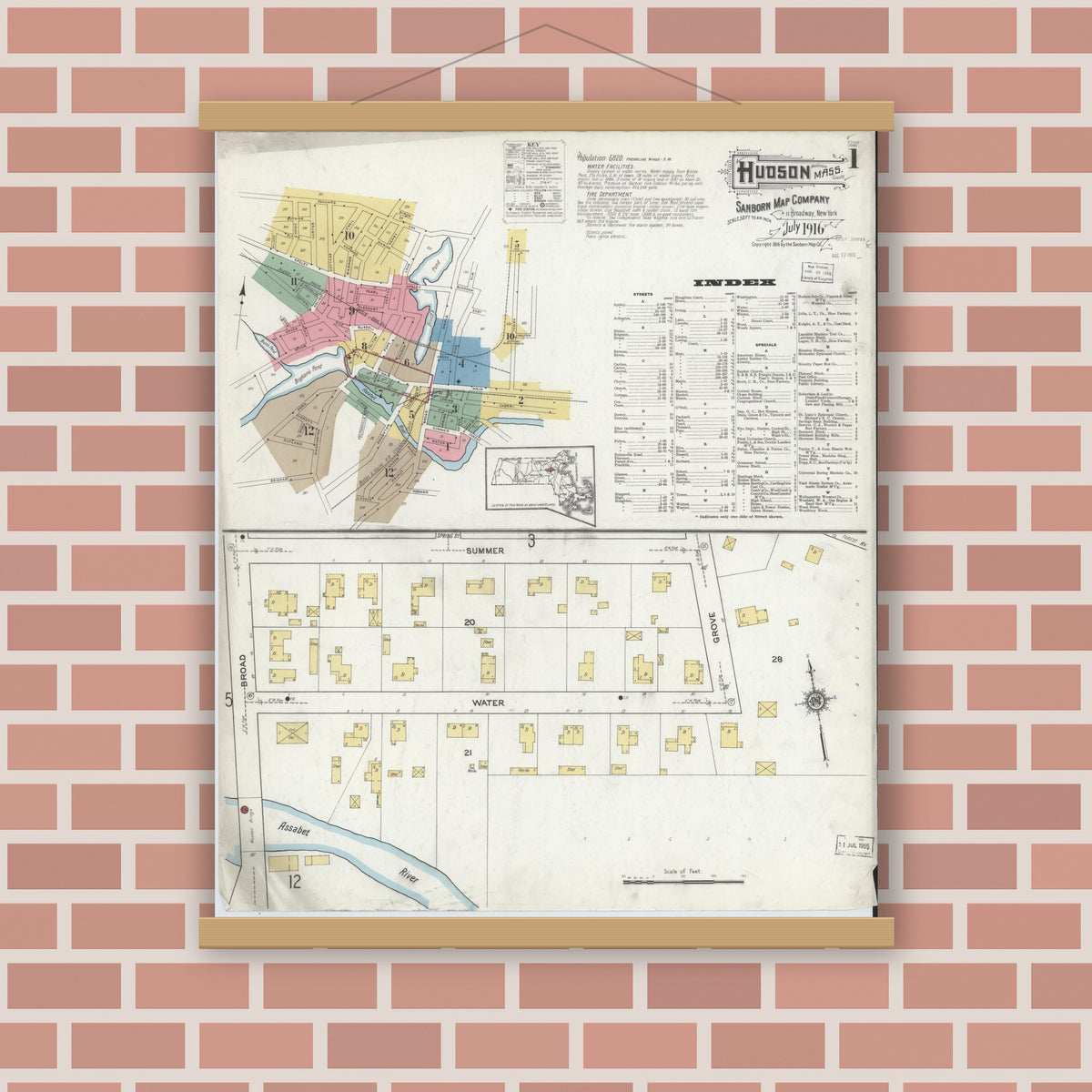 Old map wall art mockup — magnetic wood frame on brick wall — Sanborn Fire Insurance Map from Hudson, Middlesex County, Massachusetts (1916), Sheet #0001