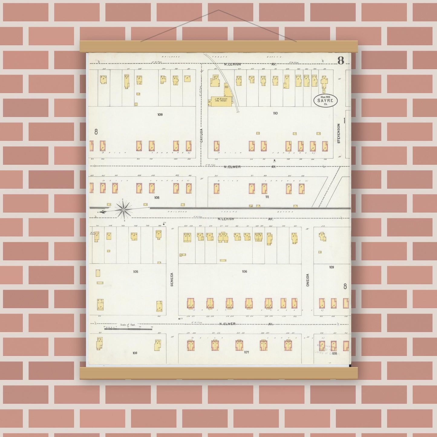 Old map wall art mockup — magnetic wood frame on brick wall — Sanborn Fire Insurance Map from Sayre, Bradford County, Pennsylvania (1903), Sheet #0008